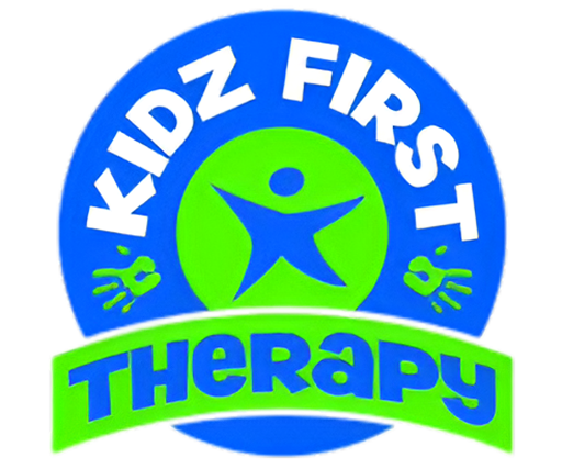 Logo with text "Kidz First Therapy," featuring a stylized blue figure and two green handprints, set on a blue and green circular background.