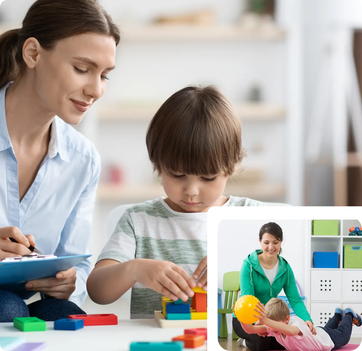 A woman observes a boy stacking colored blocks on a table. In an inset image, she plays with a young girl holding a yellow ball in a playroom.